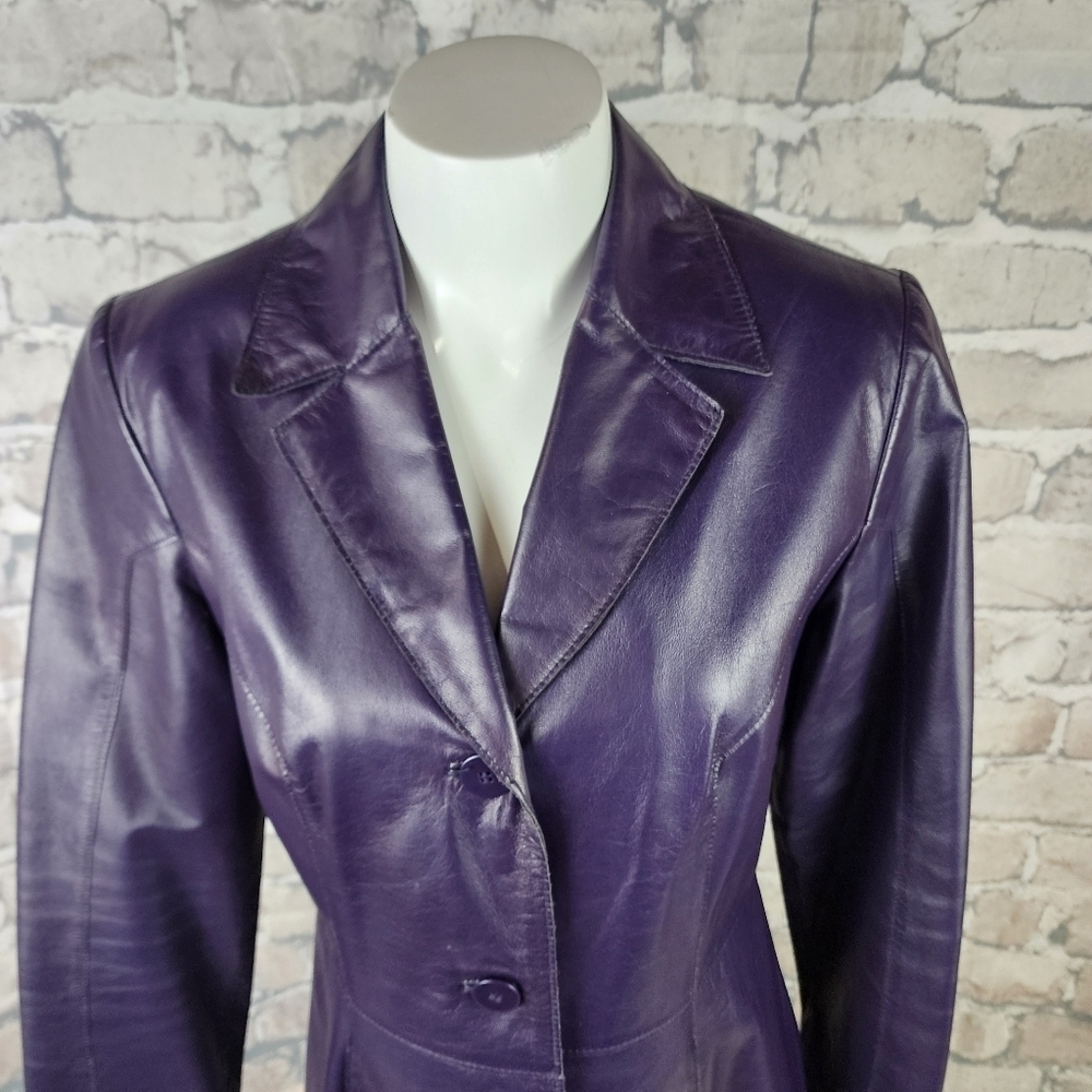 Vintage Danier Leather Button Front Trench Coat Dark Purple Size 6 Whimsigoth - Picture 5 of 16